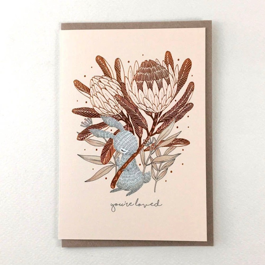 Cards Whimsy Whimsical | You'Re Loved, Rabbit & King Protea Card