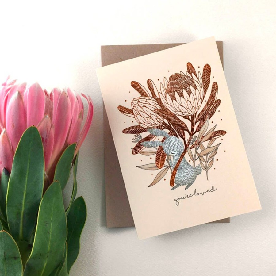 Cards Whimsy Whimsical | You'Re Loved, Rabbit & King Protea Card