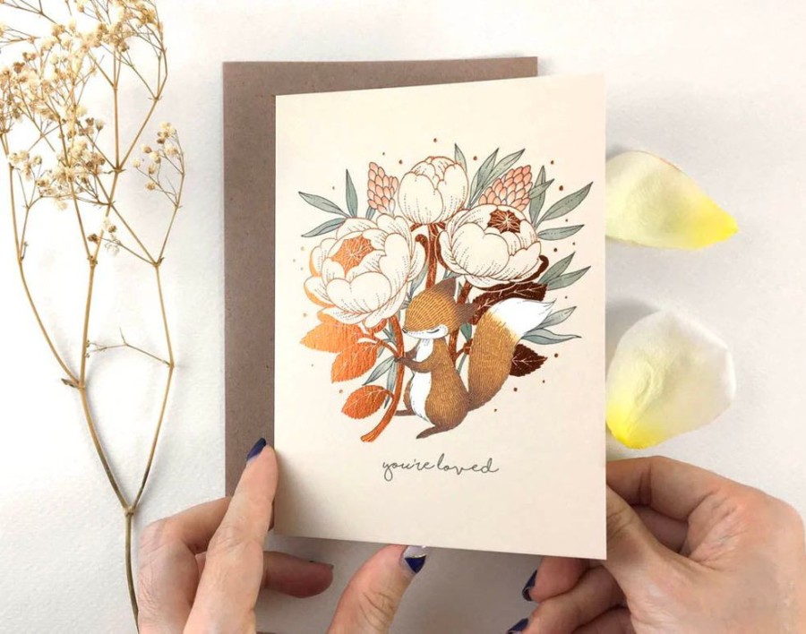 Cards Whimsy Whimsical | You'Re Loved, Fox & David Austin Rose Card